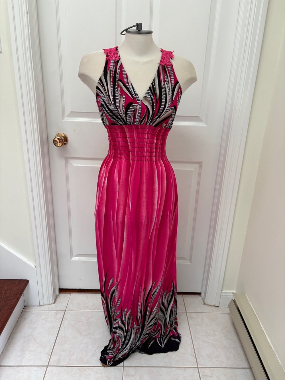 Nisha Creations Fuchsia Printed Halter Maxi Dress with Elastic Smocked Waist XXL